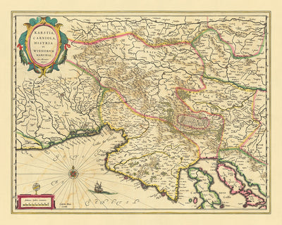 Ancienne carte de la Slovénie par Blaeu, 1640 : mer Adriatique, golfe de Venise, Ljubljana, Trieste, plateau du Karst 