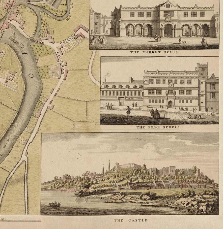 Antica mappa di Shrewsbury nel 1746 di John Rocque - Fiume Severn, Frankwell, Welsh Bridge, Stone Bridge, Bowling Green 