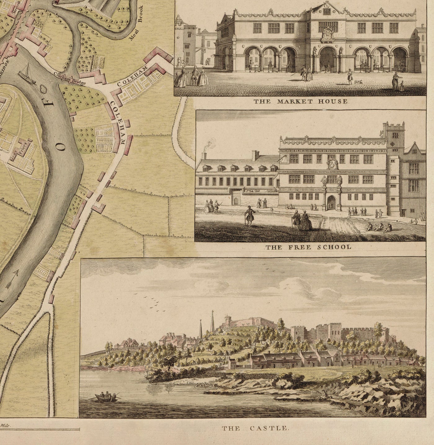Ancienne carte de Shrewsbury en 1746 par John Rocque - Rivière Severn, Frankwell, Welsh Bridge, Stone Bridge, Bowling Green