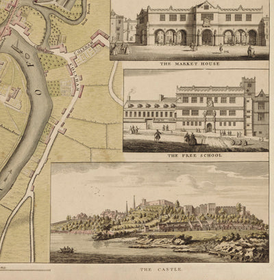 Ancienne carte de Shrewsbury en 1746 par John Rocque - Rivière Severn, Frankwell, Welsh Bridge, Stone Bridge, Bowling Green