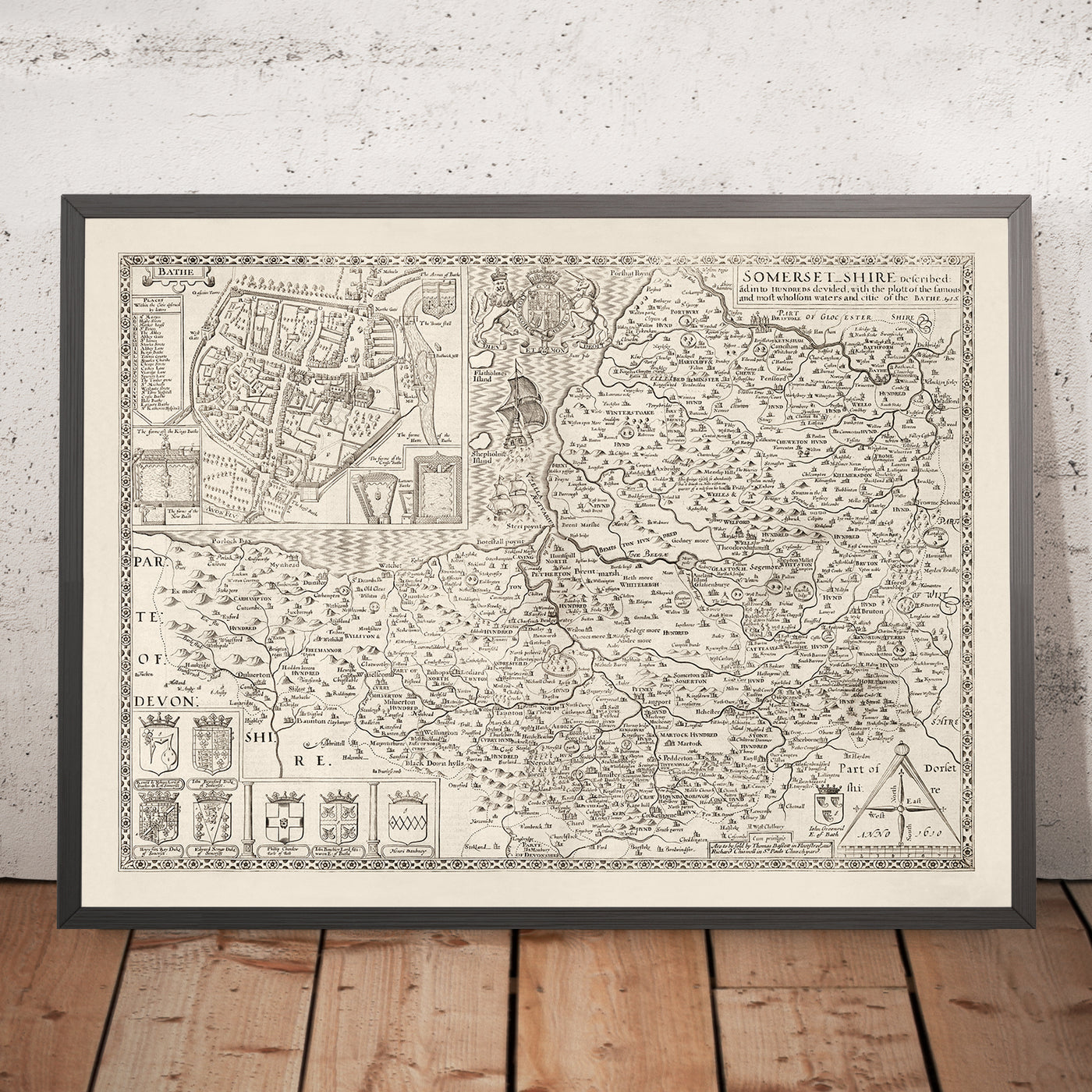 Alte Karte von Somerset im Jahr 1611 von John Speed - Bath, Portishead, Weston-Super-Mare, Taunton, Yeovil 