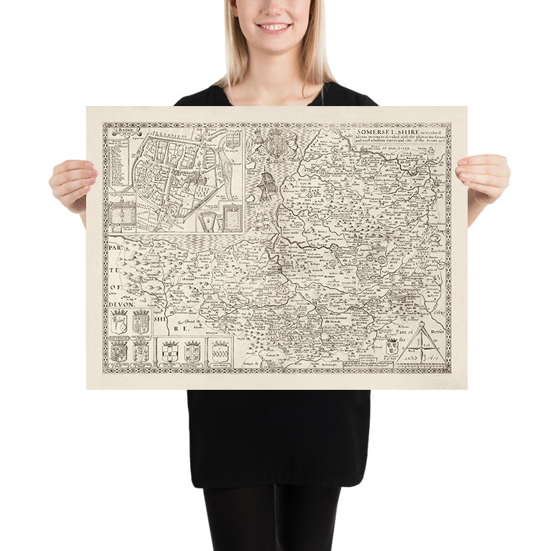 Ancienne carte de Somerset en 1611 par John Speed ​​- Bath, Portishead, Weston-Super-Mare, Taunton, Yeovil