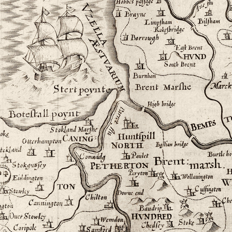 Ancienne carte de Somerset en 1611 par John Speed ​​- Bath, Portishead, Weston-Super-Mare, Taunton, Yeovil