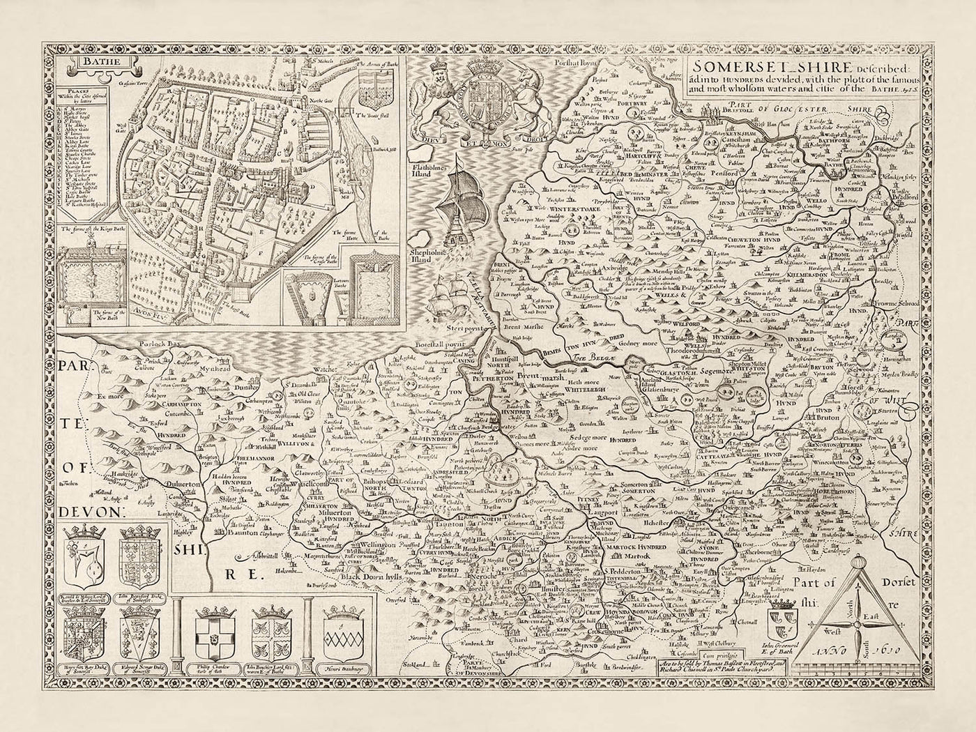 Alte Karte von Somerset im Jahr 1611 von John Speed - Bath, Portishead, Weston-Super-Mare, Taunton, Yeovil 