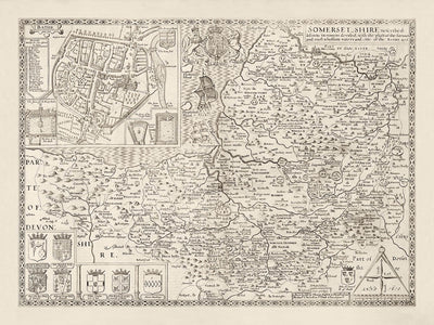 Alte Karte von Somerset im Jahr 1611 von John Speed - Bath, Portishead, Weston-Super-Mare, Taunton, Yeovil 