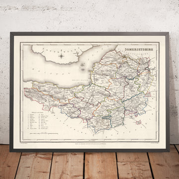 Ancienne carte du Somerset, Angleterre par Samuel Lewis, 1844 : Bristol, Bath, Weston-super-Mare, Taunton et Yeovil 