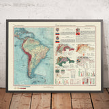 Mapa antiguo de América del Sur, 1967: Mapa físico y político detallado, con pequeñas infografías 