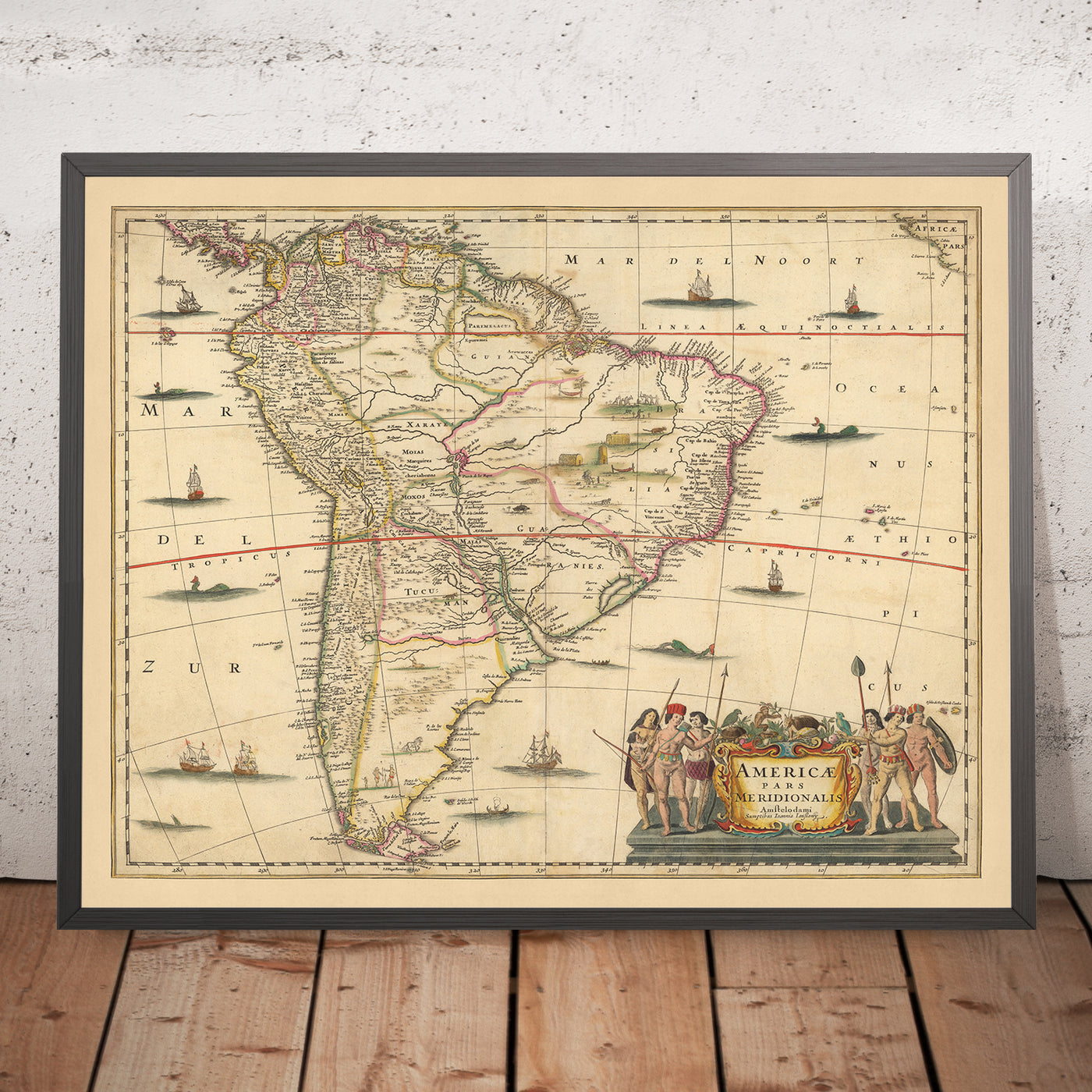 Old Map of South America by Visscher, 1690: Brasilia, Buenos Aires, Falkland Islands, Galapagos Islands, Amazon Rainforest