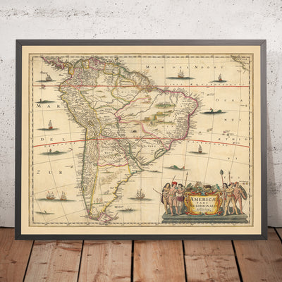 Old Map of South America by Visscher, 1690: Brasilia, Buenos Aires, Falkland Islands, Galapagos Islands, Amazon Rainforest