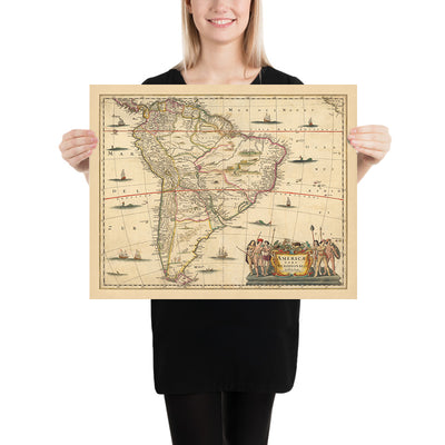 Old Map of South America by Visscher, 1690: Brasilia, Buenos Aires, Falkland Islands, Galapagos Islands, Amazon Rainforest