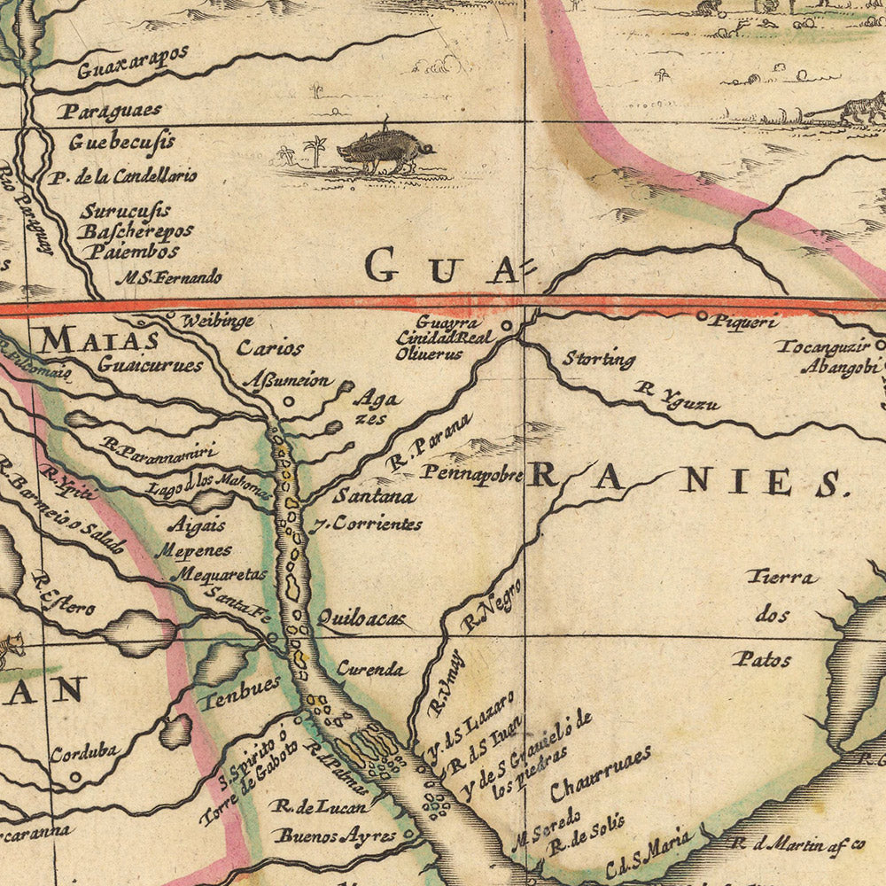 Old Map of South America by Visscher, 1690: Brasilia, Buenos Aires, Falkland Islands, Galapagos Islands, Amazon Rainforest
