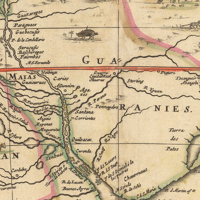 Old Map of South America by Visscher, 1690: Brasilia, Buenos Aires, Falkland Islands, Galapagos Islands, Amazon Rainforest