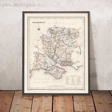 Ancienne carte du comté de Southampton (Hampshire) par Samuel Lewis, 1844 : Winchester, Portsmouth, Basingstoke 