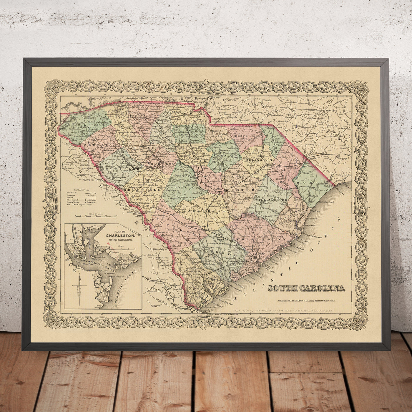 Mapa antiguo de Carolina del Sur por Colton, 1859: Charleston, Columbia, Greenville, Spartanburg, Sumter