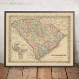 Mapa antiguo de Carolina del Sur por Colton, 1859: Charleston, Columbia, Greenville, Spartanburg, Sumter
