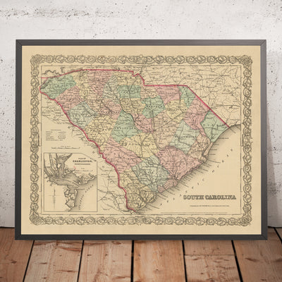 Mapa antiguo de Carolina del Sur por Colton, 1859: Charleston, Columbia, Greenville, Spartanburg, Sumter