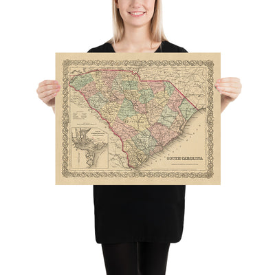 Mapa antiguo de Carolina del Sur por Colton, 1859: Charleston, Columbia, Greenville, Spartanburg, Sumter