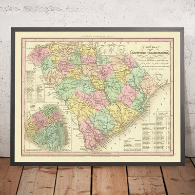 Mapa antiguo de Carolina del Sur por Tanner, 1836: Charleston, Columbia, Camden, Georgetown y Beaufort