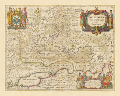 Old Map of Southern Russia by Visscher, 1690: Moscow, Yaroslavl, Vologda, Nizhny Novgorod, Rostov-on-Don