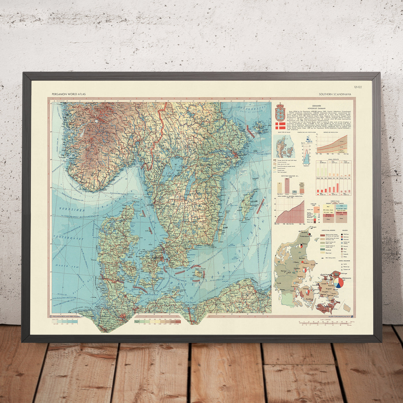 Ancienne carte du Danemark, 1967 : Copenhague, Stockholm, Oslo, Aarhus, Odense, Aalborg, Esbjerg 