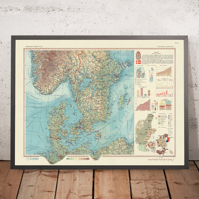 Ancienne carte du Danemark, 1967 : Copenhague, Stockholm, Oslo, Aarhus, Odense, Aalborg, Esbjerg 