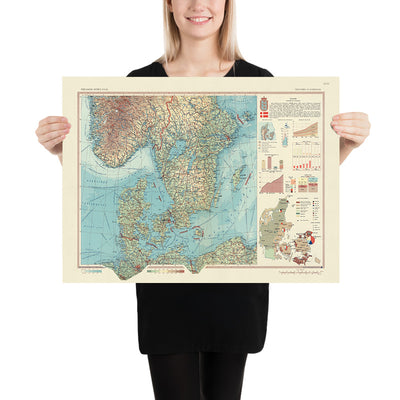 Ancienne carte du Danemark, 1967 : Copenhague, Stockholm, Oslo, Aarhus, Odense, Aalborg, Esbjerg 