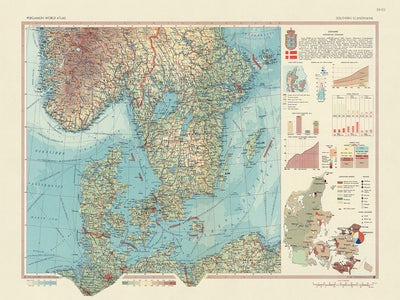 Ancienne carte du Danemark, 1967 : Copenhague, Stockholm, Oslo, Aarhus, Odense, Aalborg, Esbjerg 