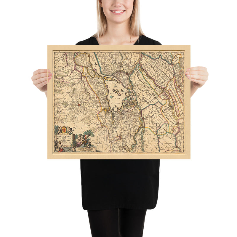 Mapa antiguo de Holanda Meridional de Visscher, 1690: Dordrecht, Breda, Roosendaal, Gouda, Parque Nacional De Biesbosch