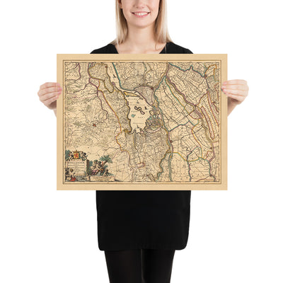 Mapa antiguo de Holanda Meridional de Visscher, 1690: Dordrecht, Breda, Roosendaal, Gouda, Parque Nacional De Biesbosch