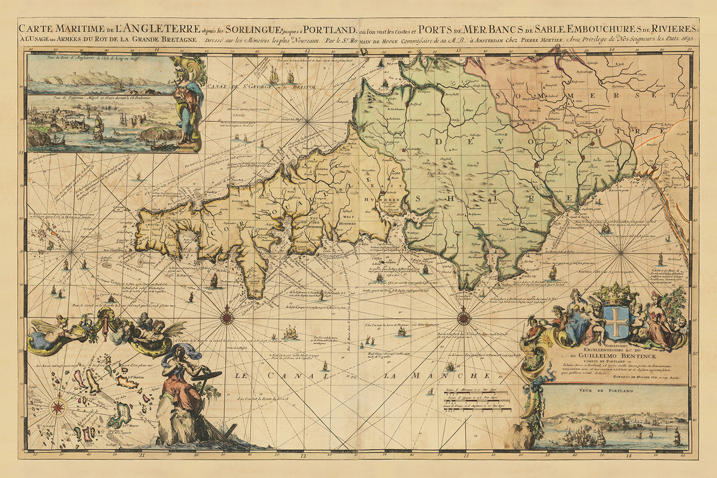 Alte Karte von Südwestengland von Romeyn De Hooghe, 1693: Cornwall, Devon und West Somerset 