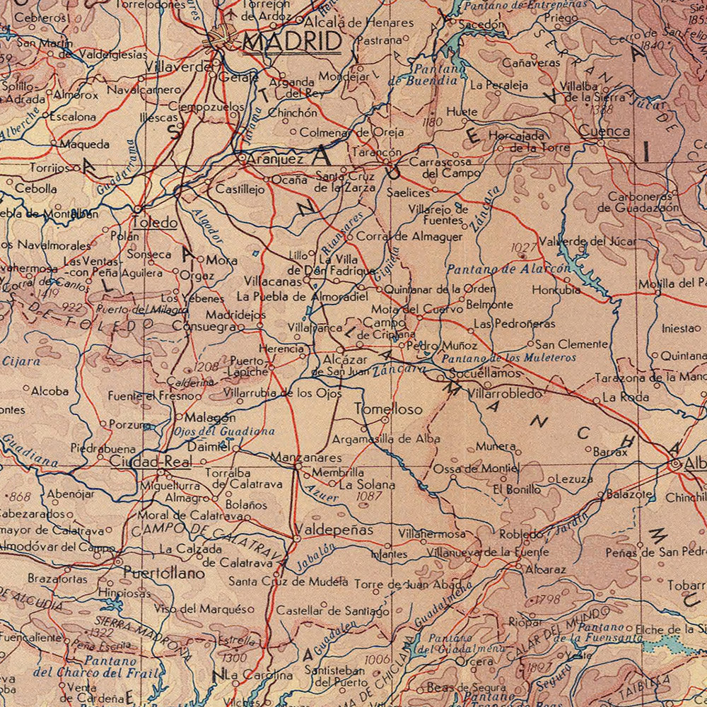 Mapa antiguo de España y Portugal, 1967: Madrid, Barcelona, Valencia, Sevilla, Lisboa