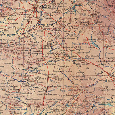 Mapa antiguo de España y Portugal, 1967: Madrid, Barcelona, Valencia, Sevilla, Lisboa