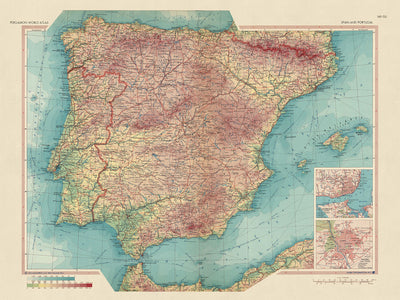 Mapa antiguo de España y Portugal, 1967: Madrid, Barcelona, Valencia, Sevilla, Lisboa