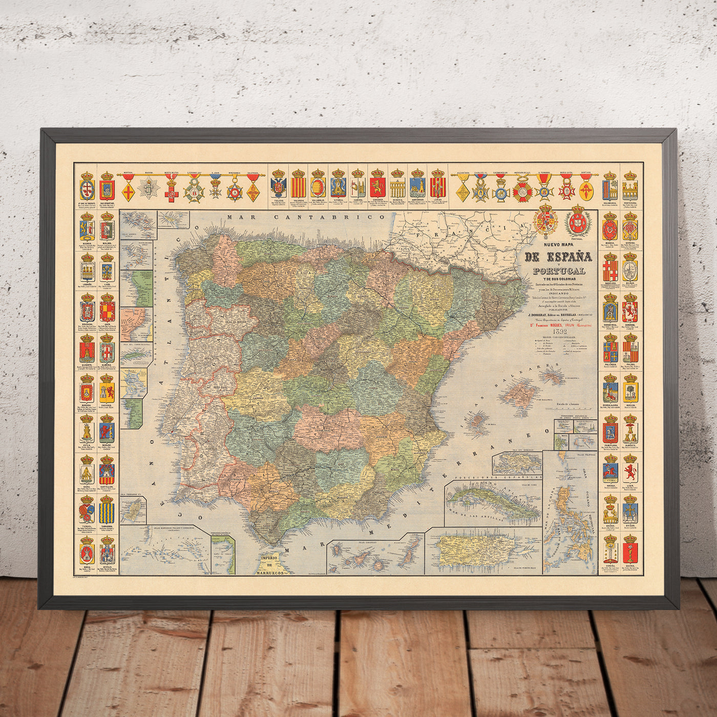 Alte Karte von Spanien und Portugal von Dosseray, 1892: Reiche, Kolonien, Puerto Rico, Philippinen, Kuba 