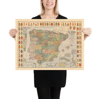 Alte Karte von Spanien und Portugal von Dosseray, 1892: Reiche, Kolonien, Puerto Rico, Philippinen, Kuba 