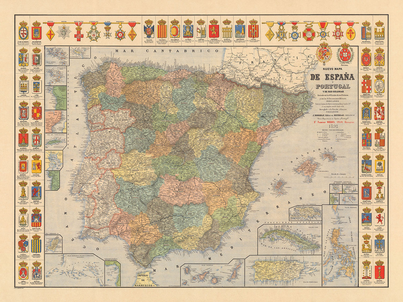 Alte Karte von Spanien und Portugal von Dosseray, 1892: Reiche, Kolonien, Puerto Rico, Philippinen, Kuba 