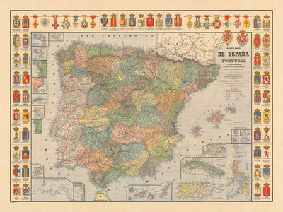 Alte Karte von Spanien und Portugal von Dosseray, 1892: Reiche, Kolonien, Puerto Rico, Philippinen, Kuba 