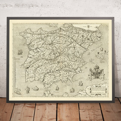 Alter bildlicher Karte von Spanien und Portugal von Zenoi, 1560: Säulen der Hercules, Sevilla, Lisboa, Pyrenäen, Seeungeheuer 