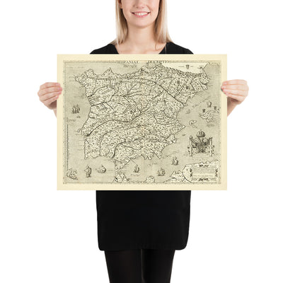 Alter bildlicher Karte von Spanien und Portugal von Zenoi, 1560: Säulen der Hercules, Sevilla, Lisboa, Pyrenäen, Seeungeheuer 