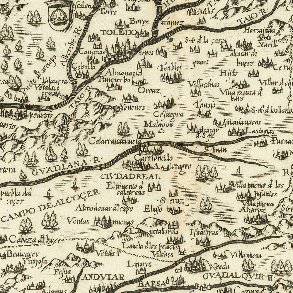 Alter bildlicher Karte von Spanien und Portugal von Zenoi, 1560: Säulen der Hercules, Sevilla, Lisboa, Pyrenäen, Seeungeheuer 