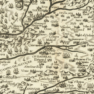Alter bildlicher Karte von Spanien und Portugal von Zenoi, 1560: Säulen der Hercules, Sevilla, Lisboa, Pyrenäen, Seeungeheuer 