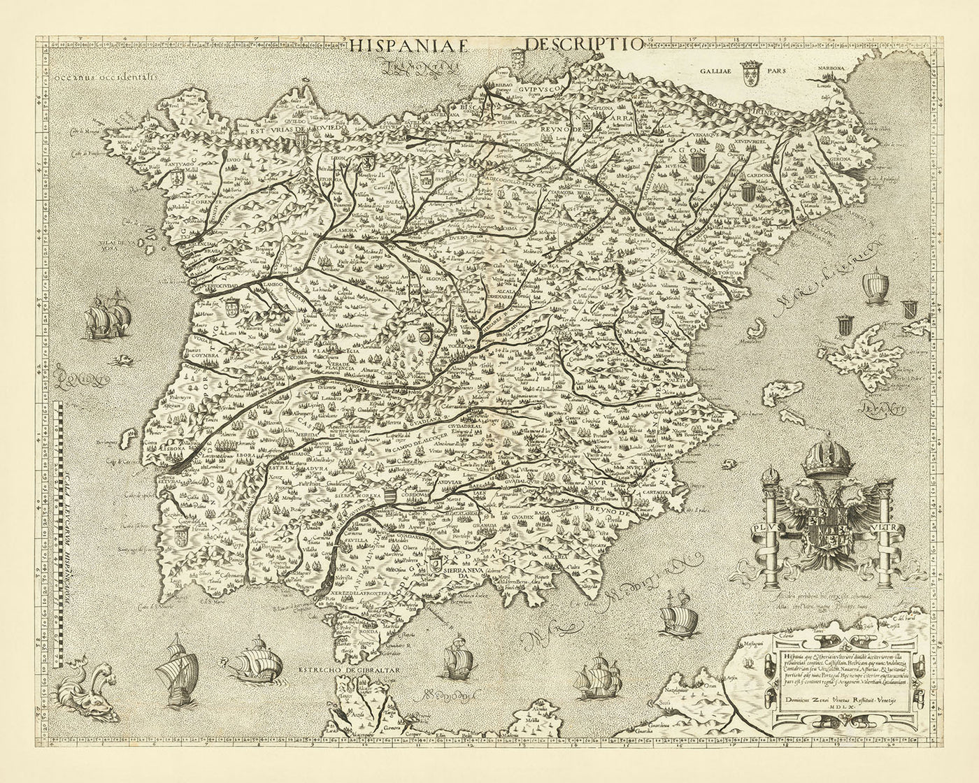 Alter bildlicher Karte von Spanien und Portugal von Zenoi, 1560: Säulen der Hercules, Sevilla, Lisboa, Pyrenäen, Seeungeheuer 