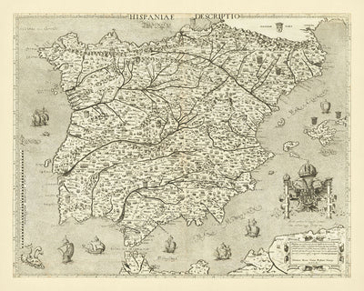 Alter bildlicher Karte von Spanien und Portugal von Zenoi, 1560: Säulen der Hercules, Sevilla, Lisboa, Pyrenäen, Seeungeheuer 