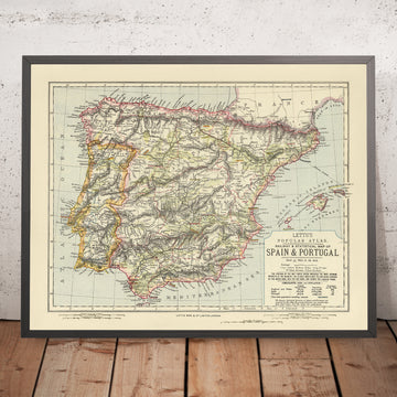 Mapa antiguo del vino de España y Portugal, 1883: Regiones vitivinícolas de vino tinto, vino blanco y licor 