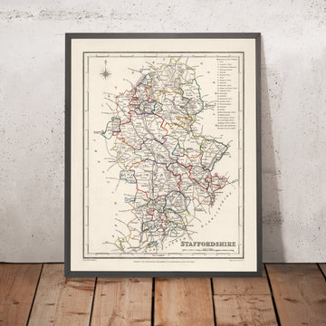 Ancienne carte du Staffordshire par Samuel Lewis, 1844 : Wolverhampton, Stoke-on-Trent, Lichfield, Tamworth, Cannock Chase