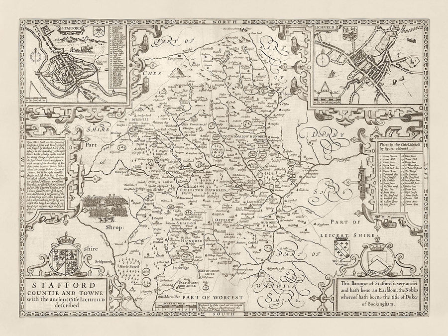 Old Monochrome Carte of Staffordshire, 1611 par John Speed ​​- Stafford, Wolverhampton, Stoke-on-Trent, Birmingham, Walsall, Dudley