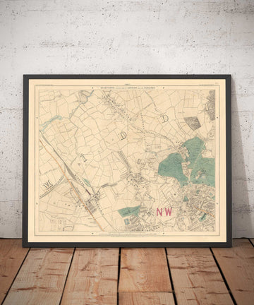 Alte Farbkarte von Nord-London, 1891 - Hampstead, Cricklewood, Golders Green, Brent - NW2, NW3, NW11, NW4 