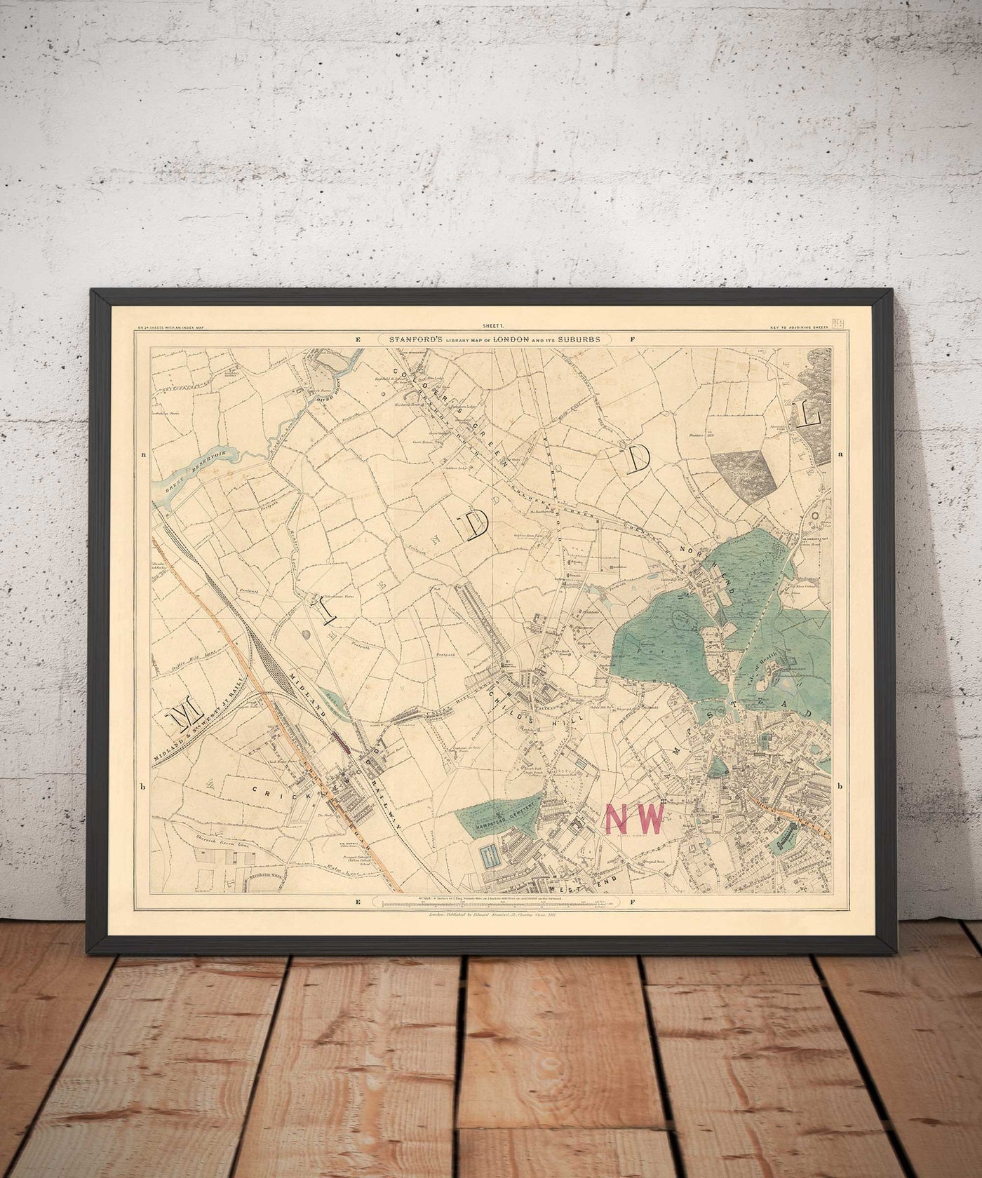 Old Colour Map of North London, 1891 - Hampstead, Cricklewood, Golders Green, Brent - NW2, NW3, NW11, NW4