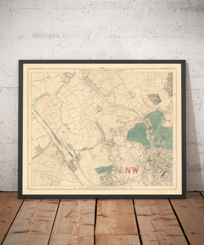 Old Colour Map of North London, 1891 - Hampstead, Cricklewood, Golders Green, Brent - NW2, NW3, NW11, NW4