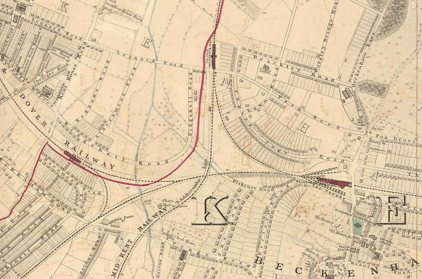 Alte Farbkarte von Südostlondon, 1891 - Bromley, Beckenham, Sydenham, Southend, Downham - SE26, SE6, BR1, BR2 